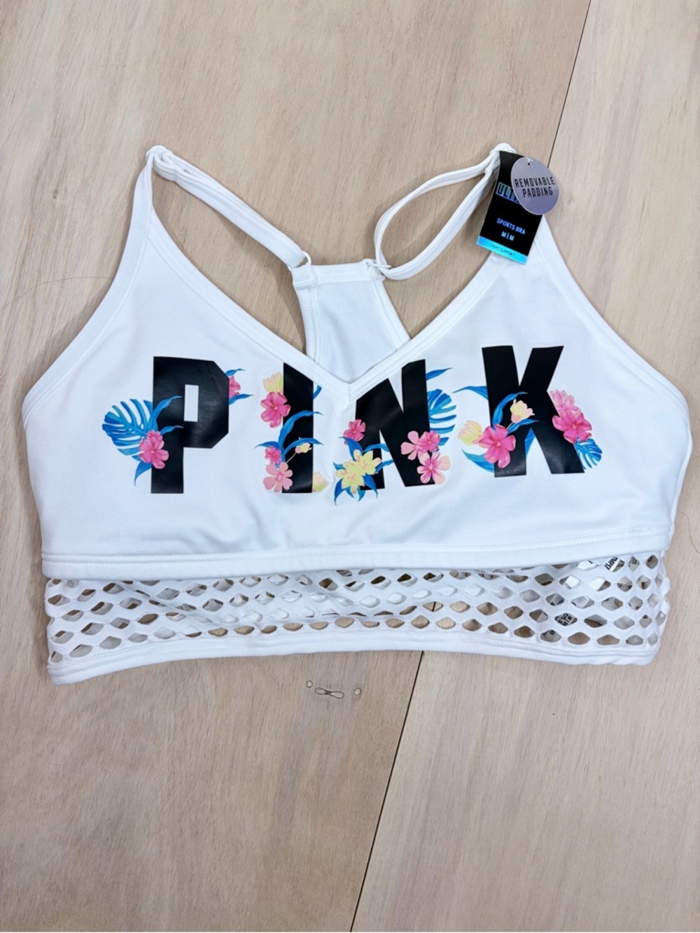NWT PINK Victoria's Secret Tropical Floral Mesh Racerback Sports Bra size Medium